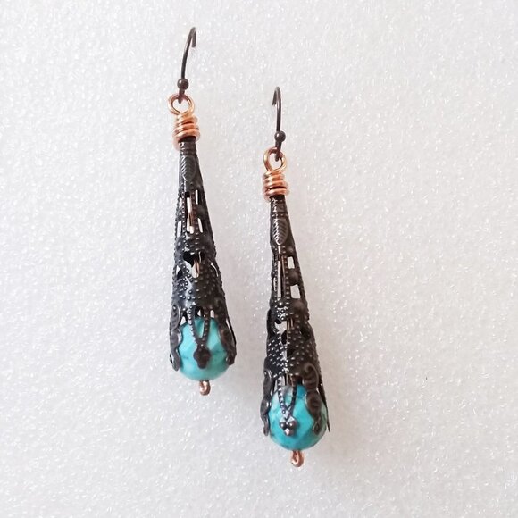 Copper Filigree & Blue Howlite Dangle Earrings! Lightweight Boho Coastal Cowgirl - Picture 8 of 9